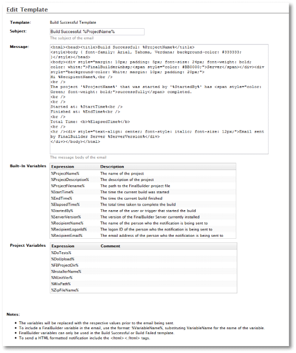 Custom email notification templates for automated builds