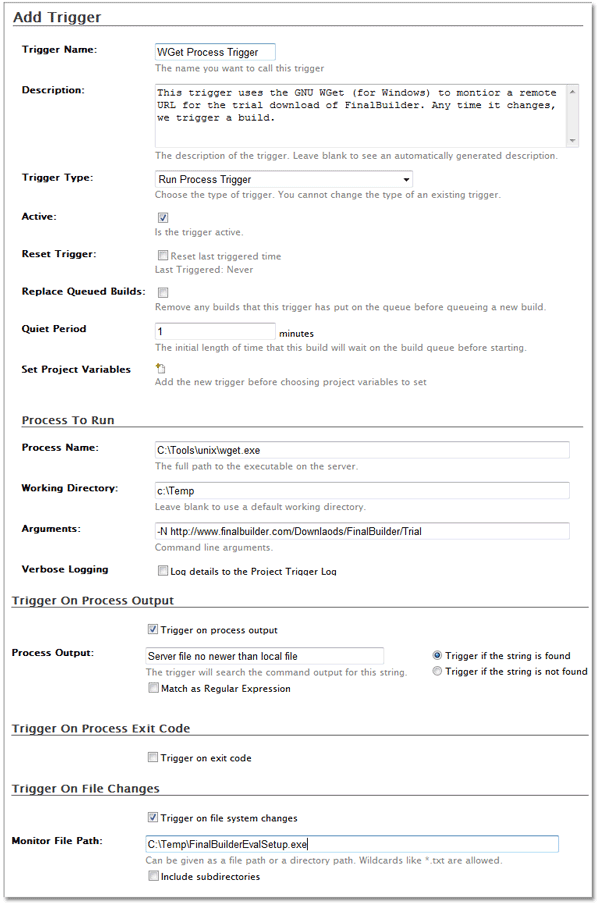 Automated build execution with run process trigger