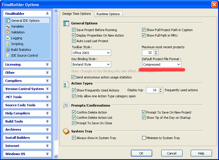 Options Dialog, showing compressed file option