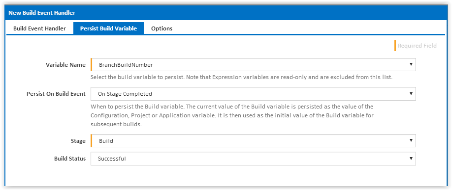 Second tab of Persist Build Variable build event handler dialog 