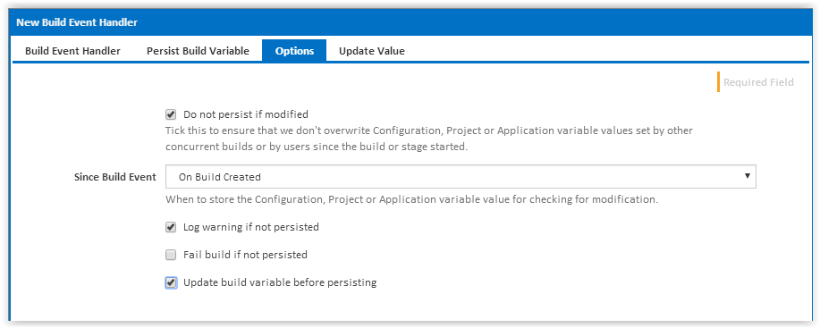 Options tab of Persist Build Variable build event handler dialog 