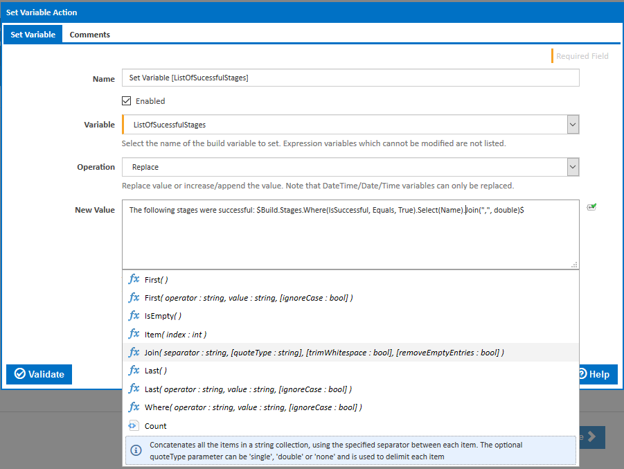 Expression in Set Variable action list categories